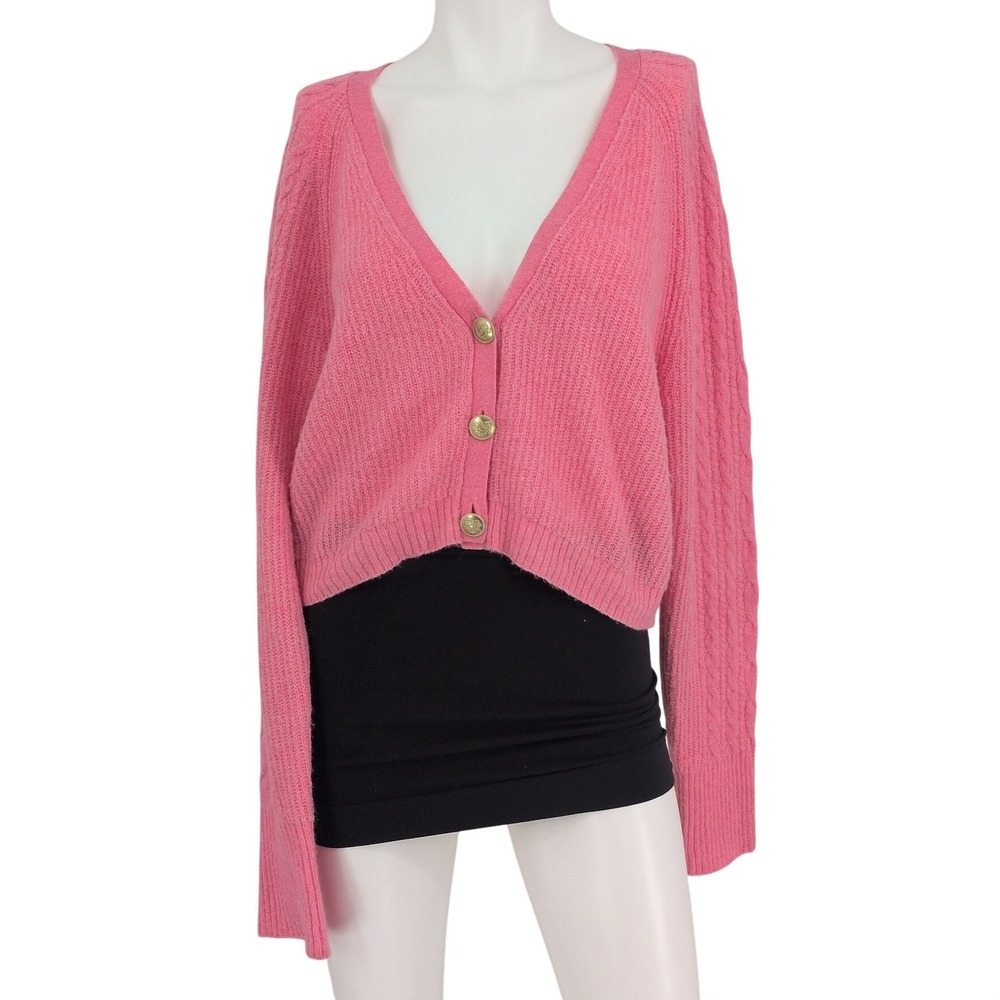J Crew Cropped Pink Cable Knit Cardigan Gold Button Front Textured Preppy Medium